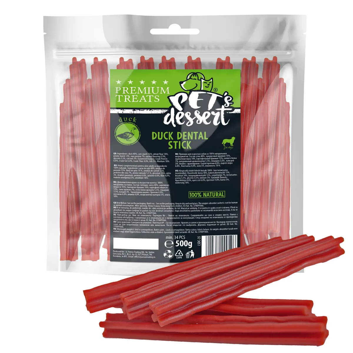Stick Dentar pentru Caini Pet's Dessert Rata 500g