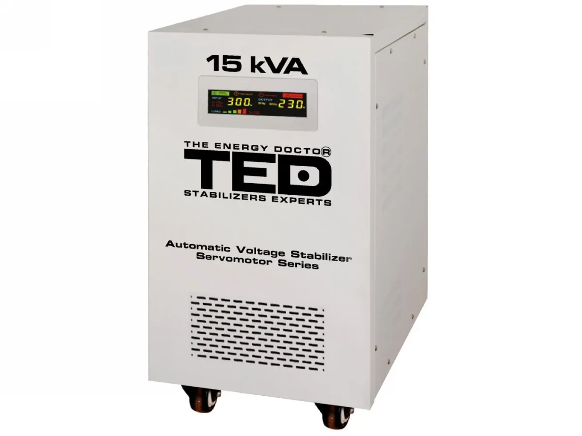 Stabilizator de Tensiune TED Servomotor Monofazat 15kVA 12kW LCD Bypass Manual