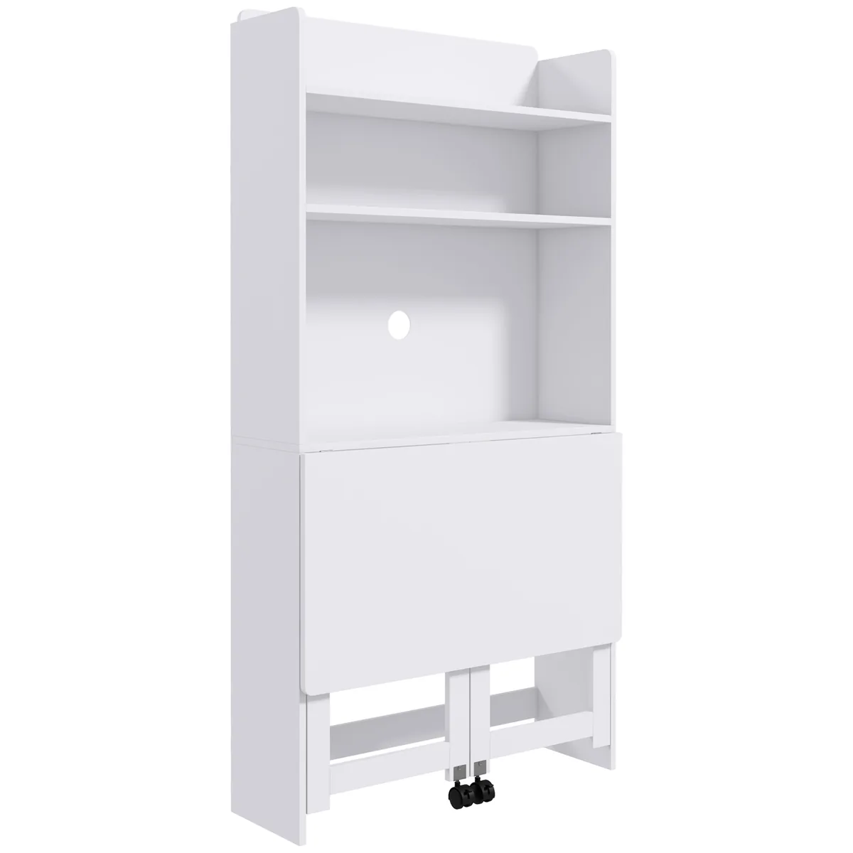 Birou HOMCOM Blat Pliabil 2 Roți 4 Rafturi Orificiu Cabluri 80x69x155cm Alb