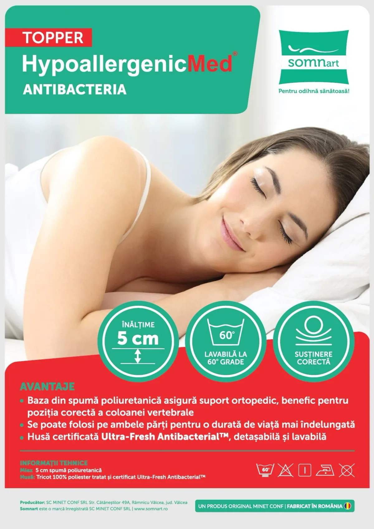 Topper Somnart HypoallergenicMed Antibacteria 180x200x5cm Crem - imagine 9