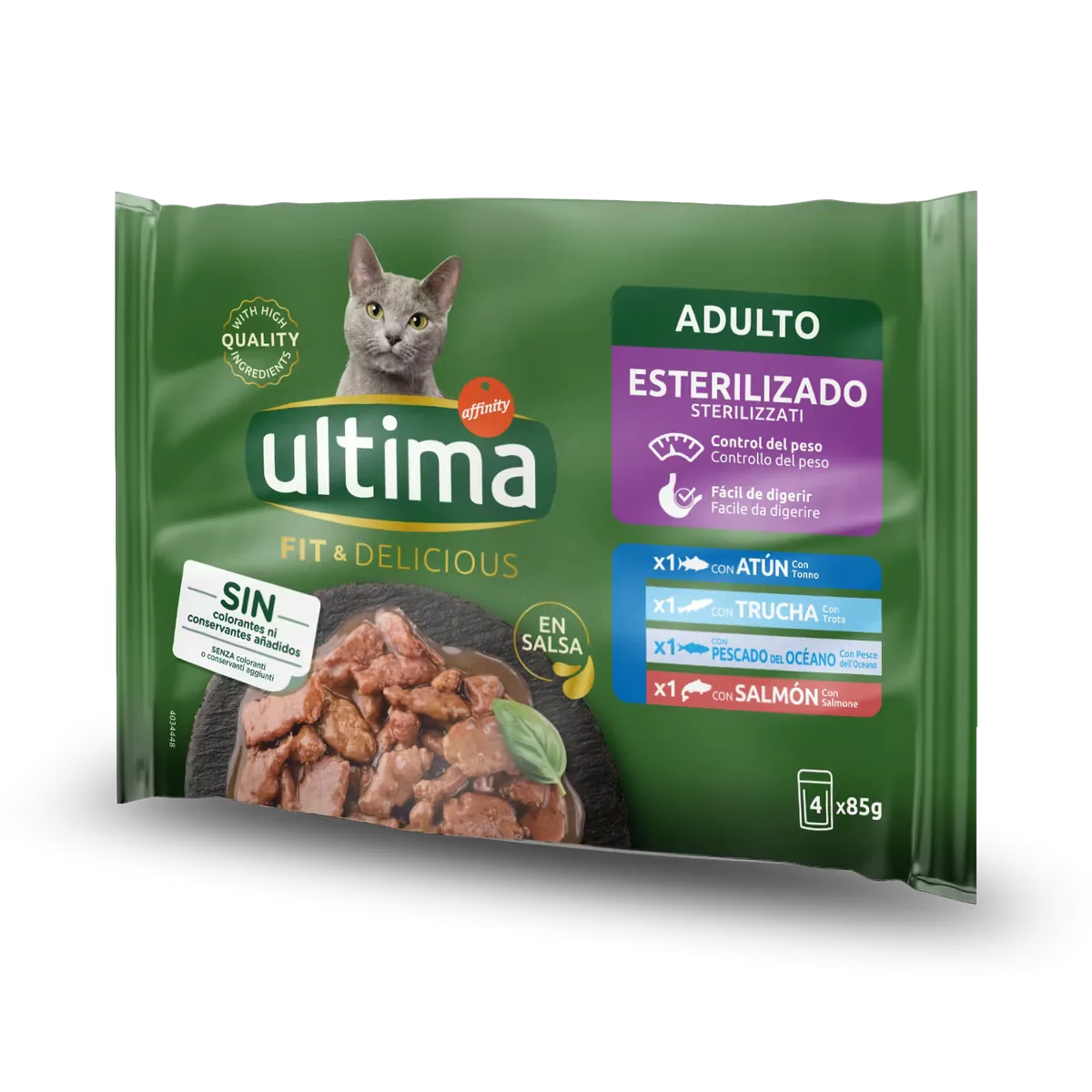Hrana Umeda Pisici Ultima Cat Adult Sterilizat Fit Multipack Ton Pastrav Somon Oceanic 4x85g
