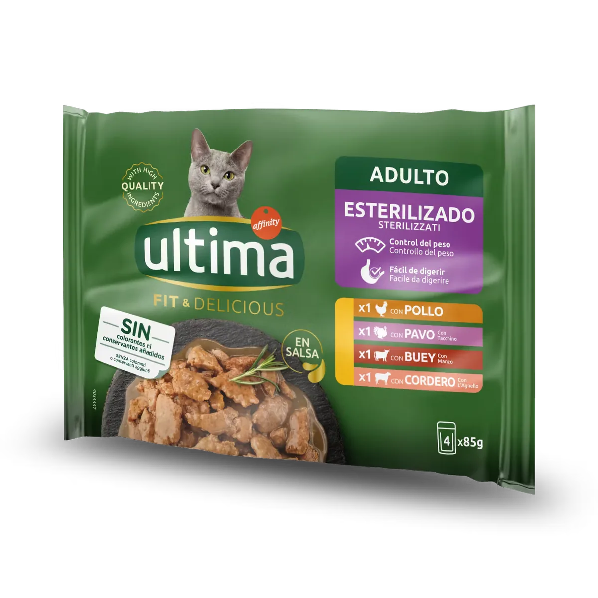 Hrana Umeda pentru Pisici Ultima Cat Adult Sterilizat Fit & Delicious Multipack Pui Curcan Vita Miel 4x85g