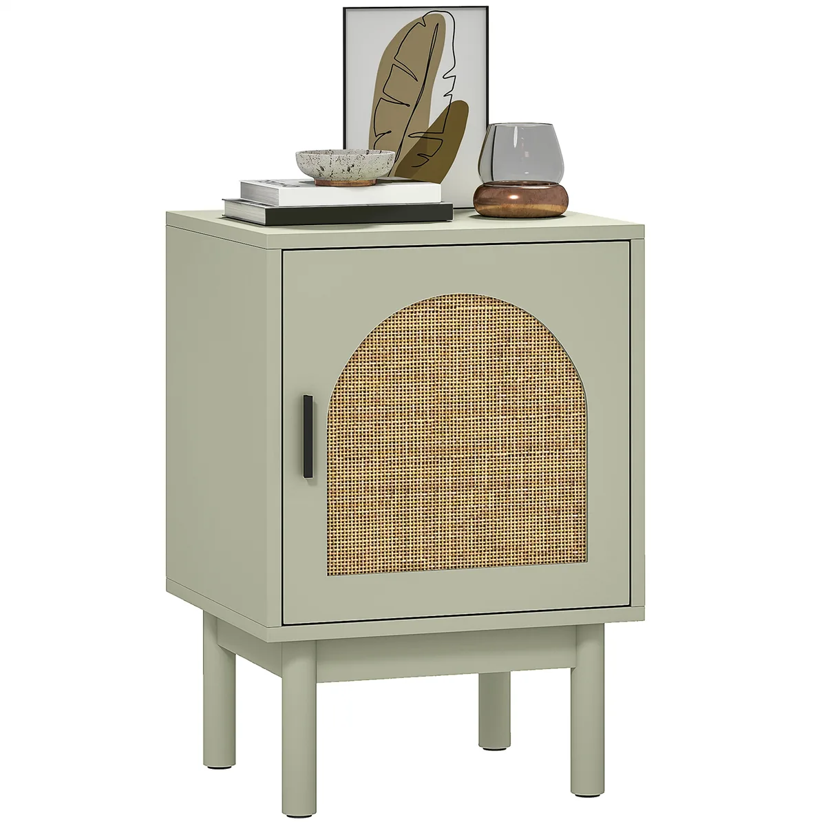 Noptieră HOMCOM cu Ușă din Ratan Raft Ajustabil 40x35x58 cm Verde Deschis