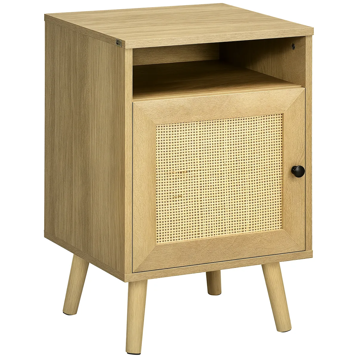 Noptieră HOMCOM cu Ușă de Ratan Lemn Natural 39x35x60cm
