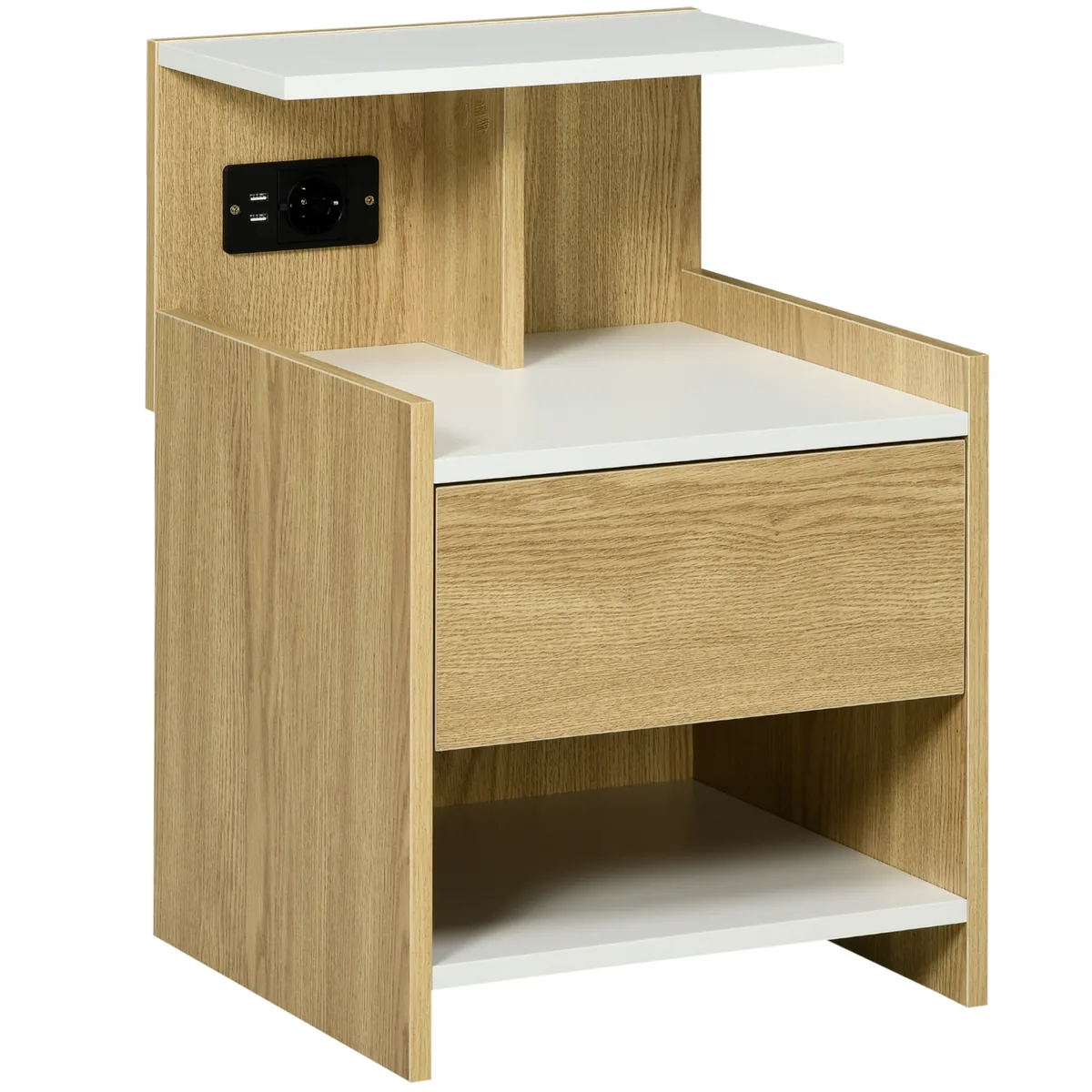 Noptieră HOMCOM Modernă cu Prize USB și Sertar 40x40x60cm Lemn Natural